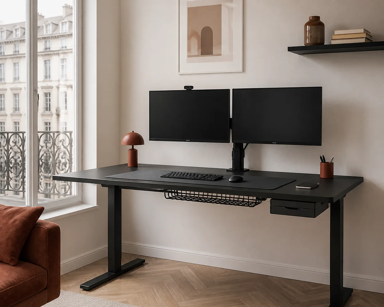Organized dual-monitor desk in Milan