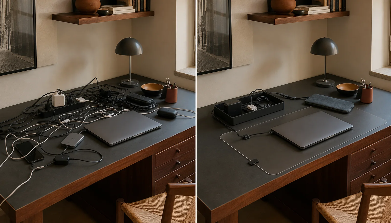 Desk shown before and after a twenty-minute cable reset