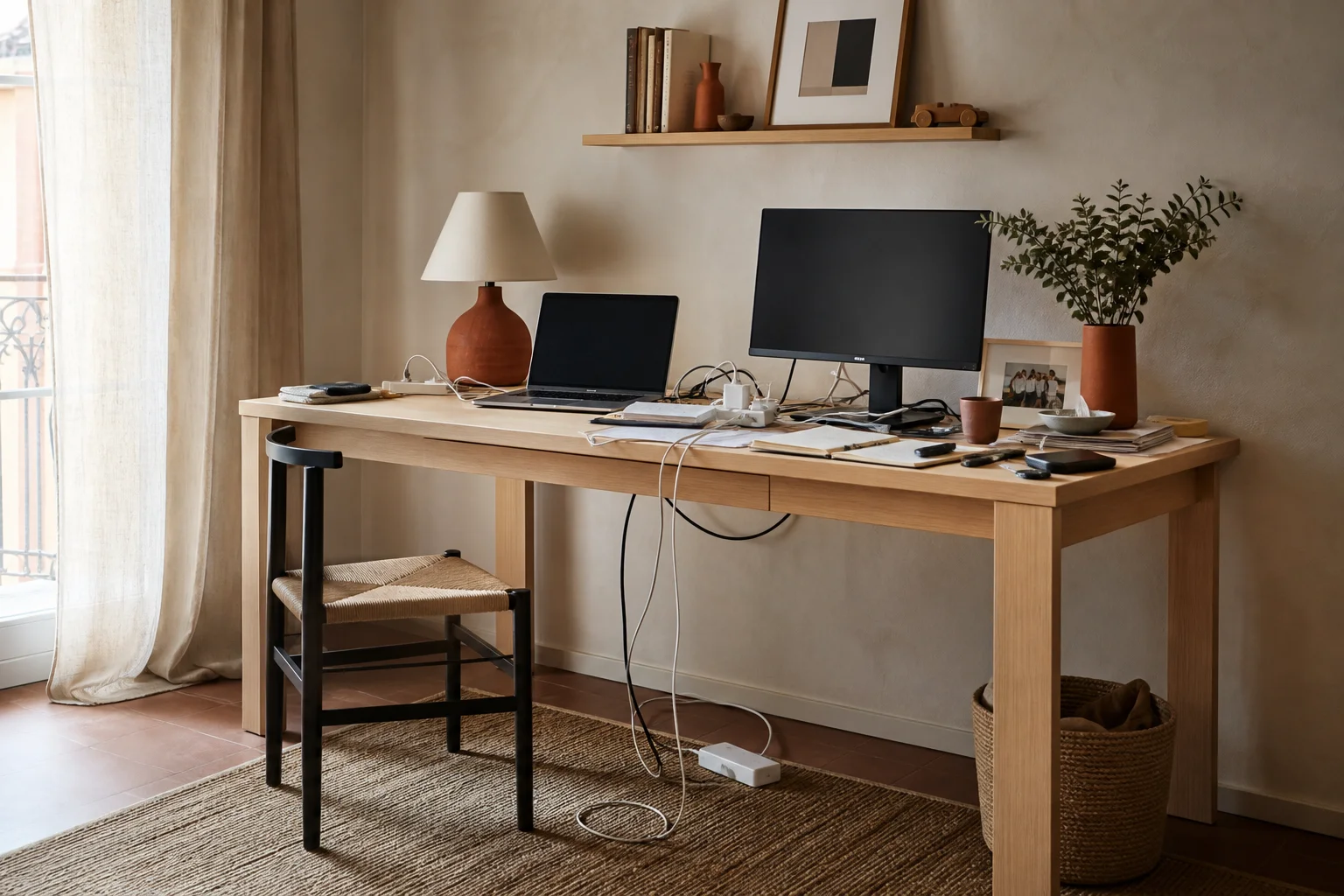 Messy shared desk before cable organization