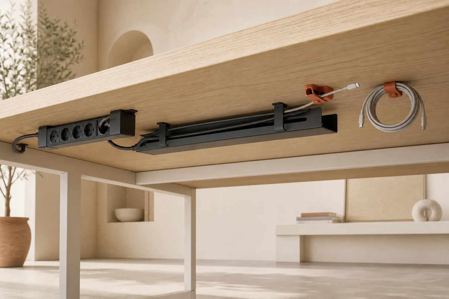Cutaway view of an organized desk underside
